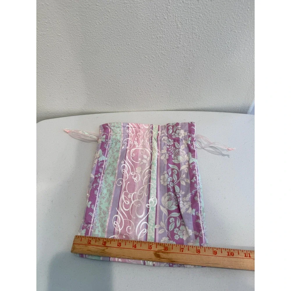 Floral Stripe Drawstring Pouch Purple Pink Green Silver Metallic Gift Bag 8x11